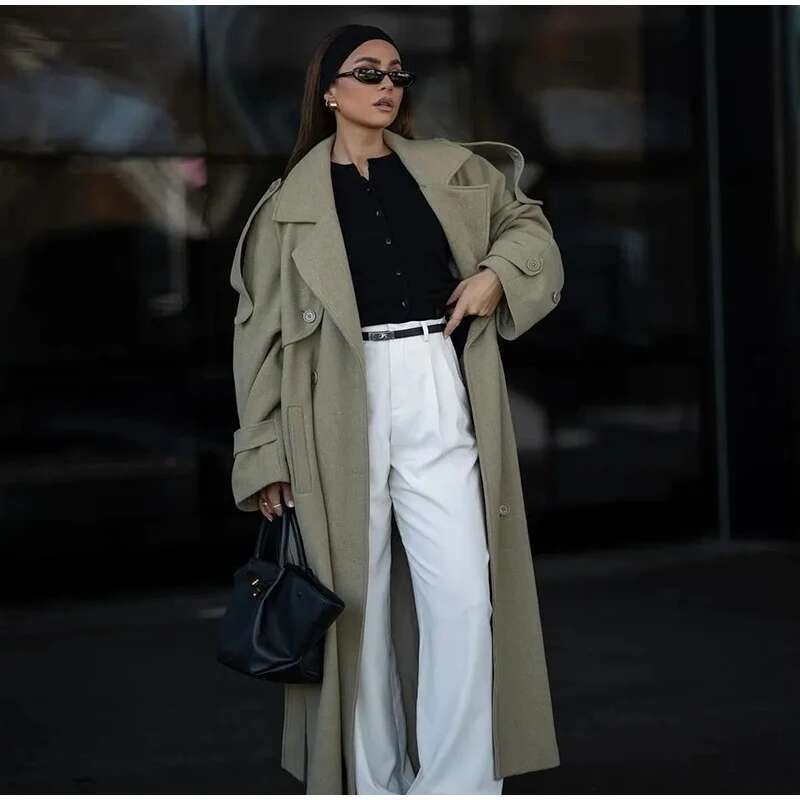Vintage Double Breasted Lapel Women Long Coat Elegant Full Sleeve Loose Female Jacket With Belt Autumn Casual Ladies Streetwear