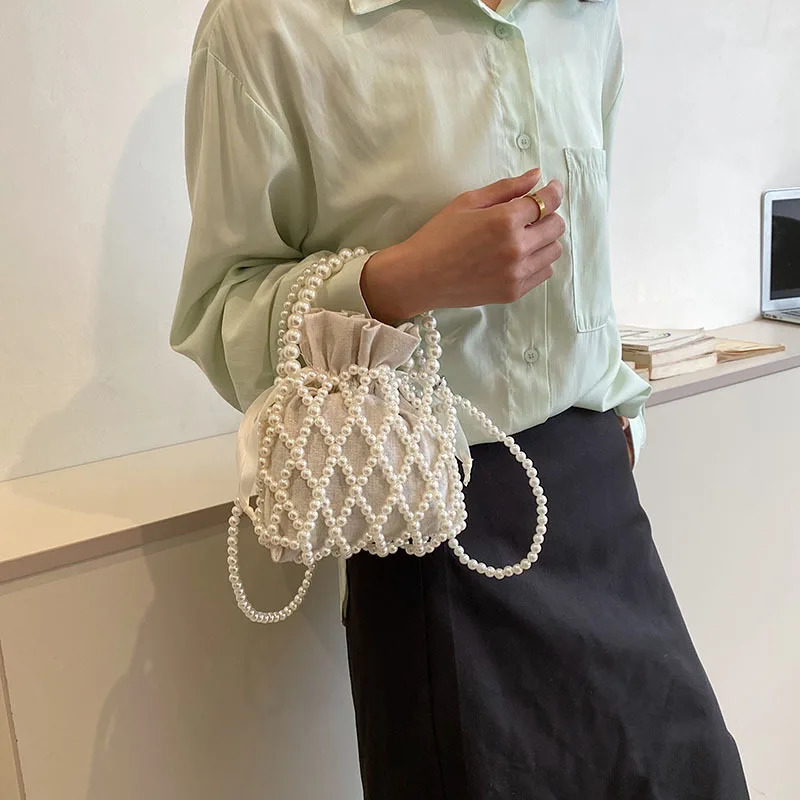Handmade Pearl Bag Sweet Shoulder Tote Bead Handbag Women 2024 Summer Party Small Bucket Purse 250221