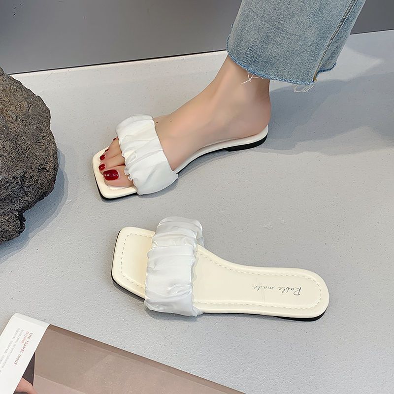 Slippers Women's Summer Outer Wear 2025 New Fashion All-match Square Head Flat Bottom Pleated One-word Drag French Sandals And Slippers