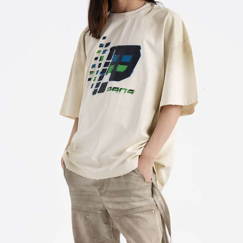 PANQ letter printed high street niche trendy brand washed, worn, loose short sleeved men's T-shirt for women