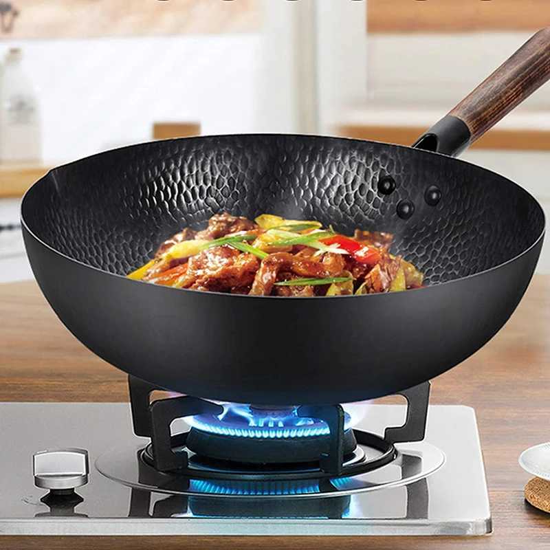High Quality Iron Wok Traditional Handmade Iron Wok Non-stick Pan Non-coating Gas Cooker CookwareC250228
