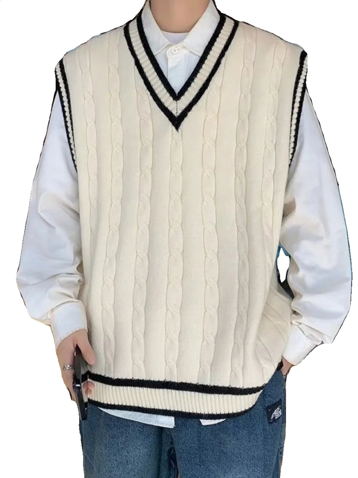 2024 Spring Autumn Men Uniform Vest Fashion V Neck Pullover British Student Sleeveless Waistcoat Knitted Tops Sweaters C119 250228Z