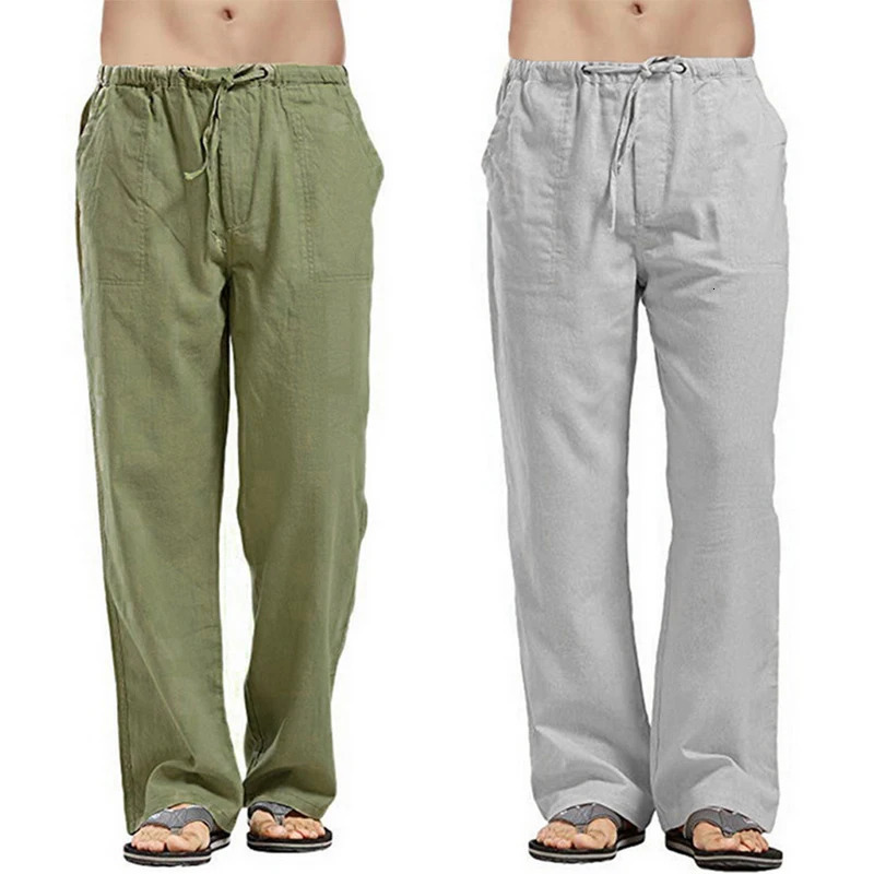 2025 Mens Cotton Linen Pants Male Autumn Breathable Solid Color Linen Trousers Fitness Streetwear Back With Pocket 5XL 250227