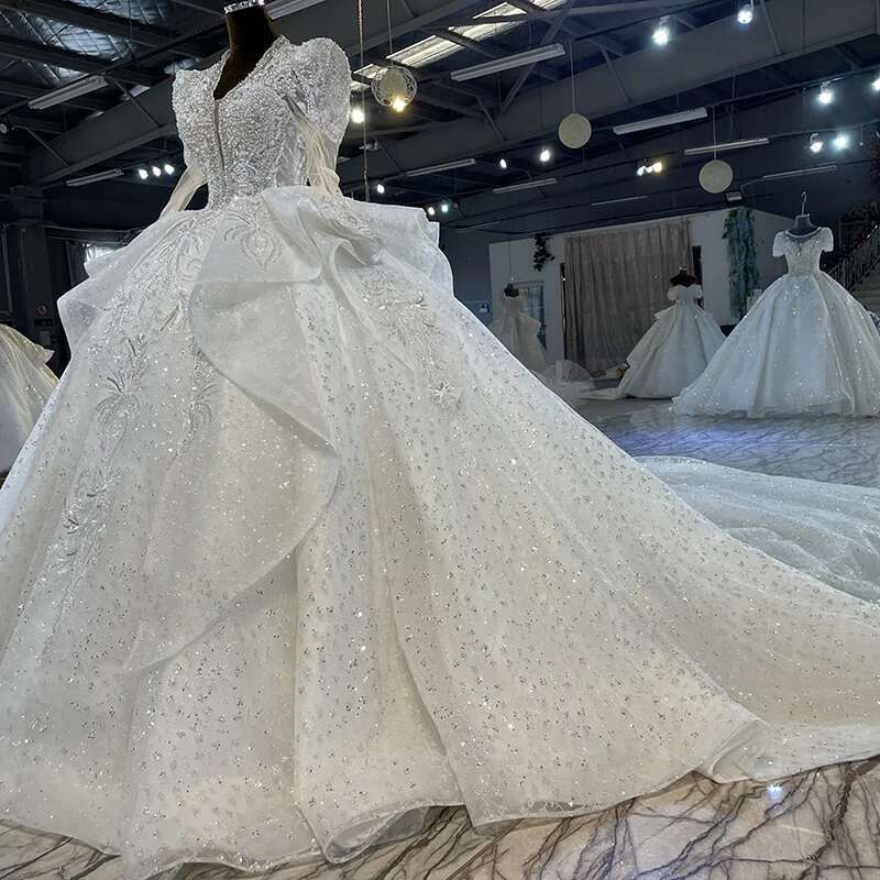 Classic Dresses For Women Custom Organza Ball Gown With V Neckline Pearls Lace Mn105 Wedding Dress