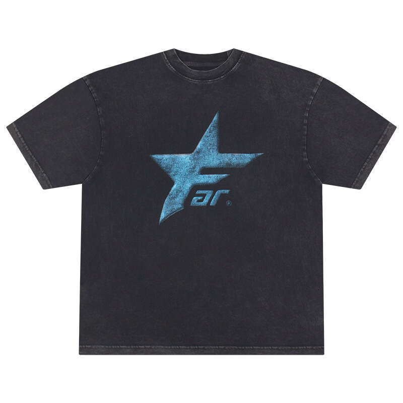 Far Archive Inverted Letter Star Print Small Trendy Brand Washed Vintage Vibe Style Short Sleeve T-shirt