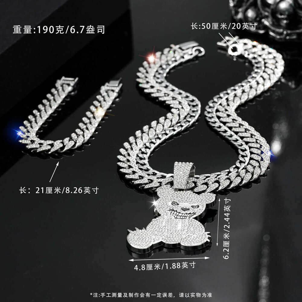 Jewelry Fashion Full Dia Bear Pendant Necklace Men's Hip Hop Cuban Chain Bracelet Three Piece Set