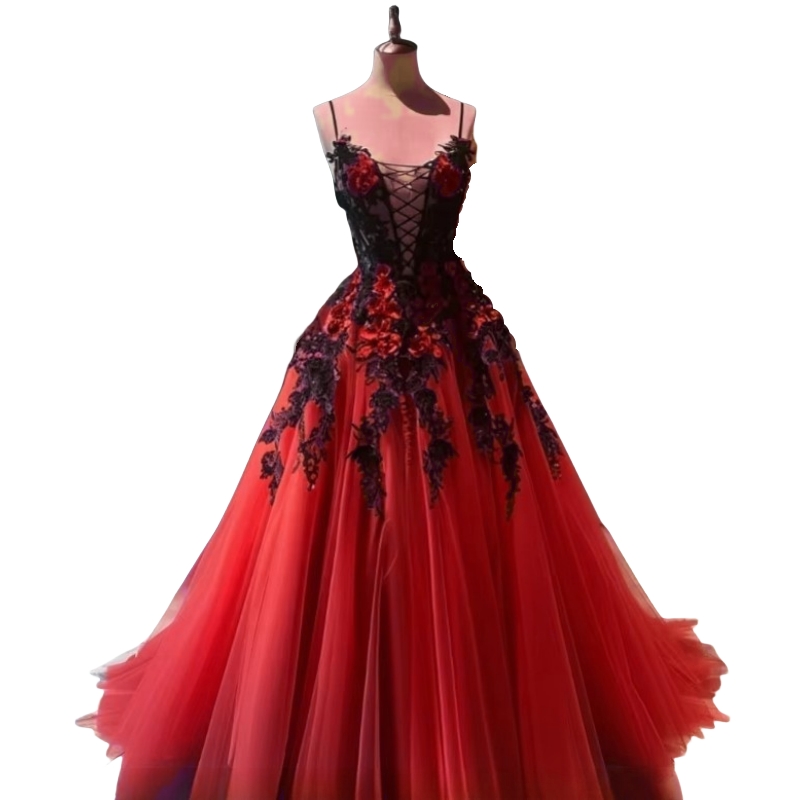 Vintage Red And Black A-Line Wedding Dresses Spaghetti A-Line Floor Length Tulle Gothic Bridal Gown Hand Made Flowers Lace Appliques Corset Vestido De