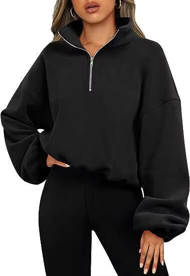 Women's Half Zippered Standing Neck And Drawstring Fleece Sweater Hoodie