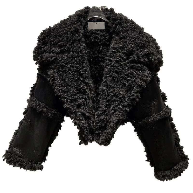 PREPOMP 2024 Winter New Collection Long Sleeve Big Turn Down Collar Faux Fur Leather Black Pu Jacket Women Blazer Coat Gh141