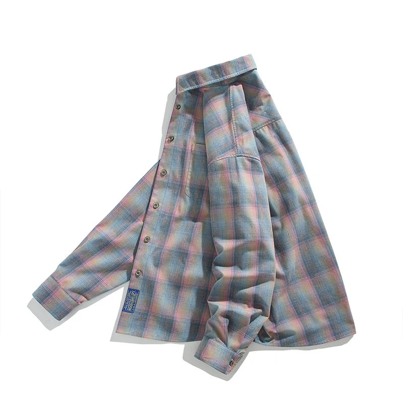 Spring long sleeved mens ultrafine fashion color checkered shirt street clothing Korean loose casual retro 250226