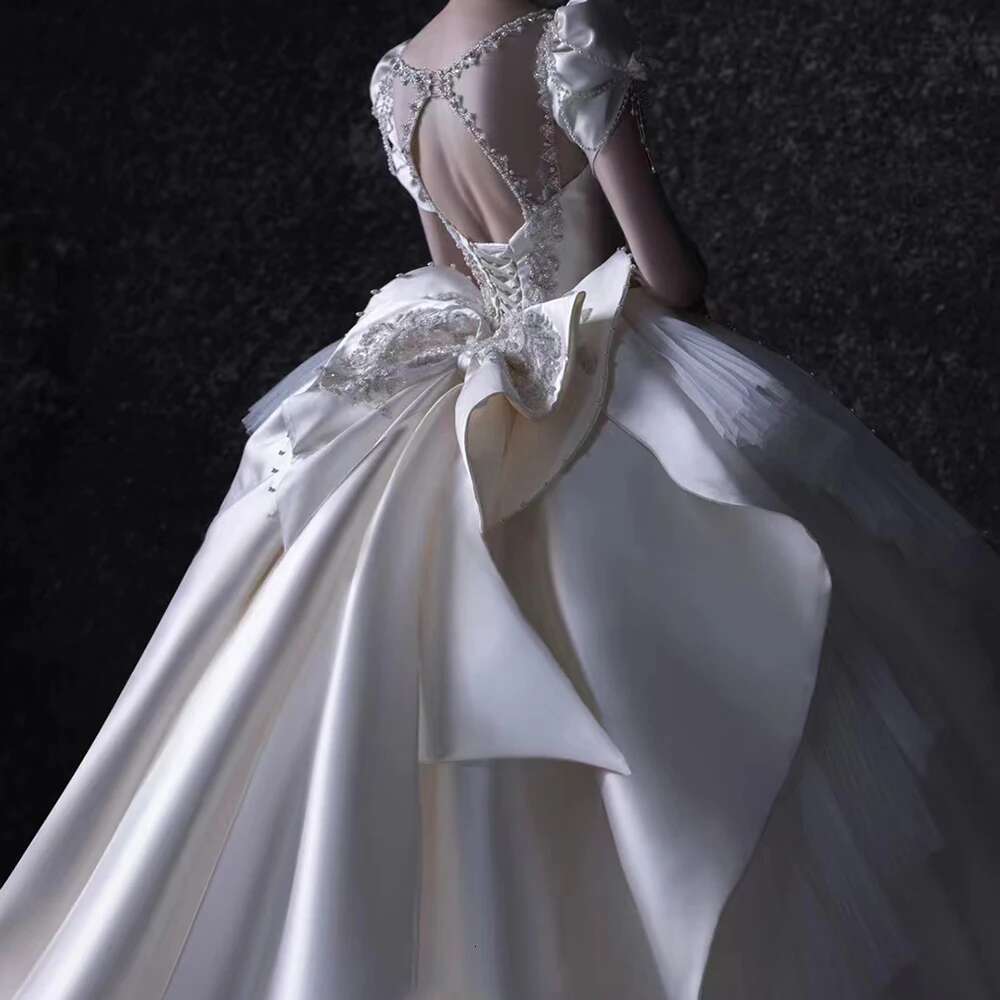 Exquisite Embroidered Square Collar Pleated Custom Short Sleeves Dresses Train Sweep Wedding Robe