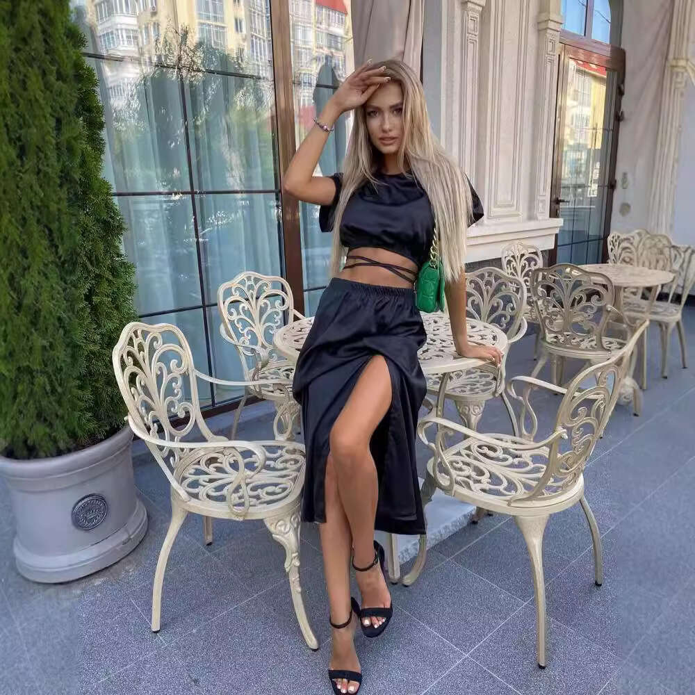 2024 European and American new short sleeved top split skirt solid color commuting two-piece set