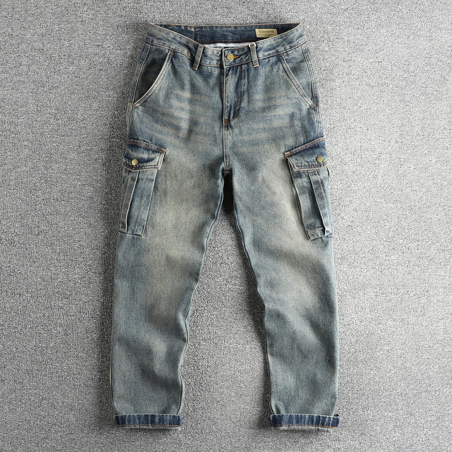 Vintage blue water wash to do old Hong Kong trend cargo jeans men loose tapered youth pants boot 250228Z