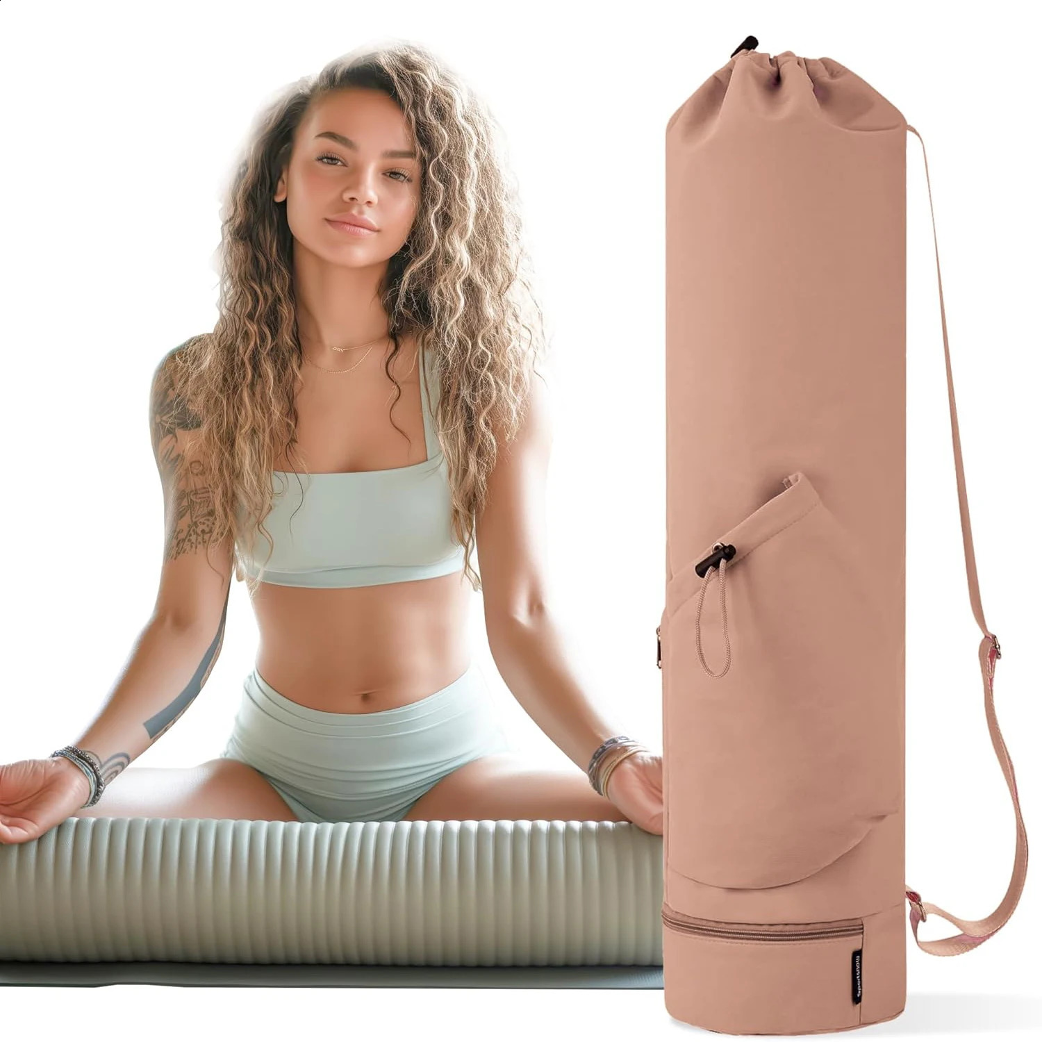 Yoga Mat Bag - Large Opening Long Tote with Waterproof Wet Pocket and Drawstring Water Bottle Pocket Adjustable Strap 250221