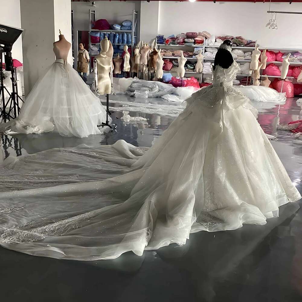 Lace Up Organza Custom White Wedding Dresses Off Shoulder Train Sweep Bridal Dress