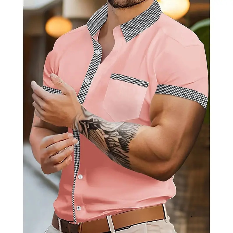 Mens Shirts Casual Shirts Beach Shirts Button Down Shirts Short Sleeve Houndstooth Lapel Vacation Hawaii Clothing Smart Casual 250227