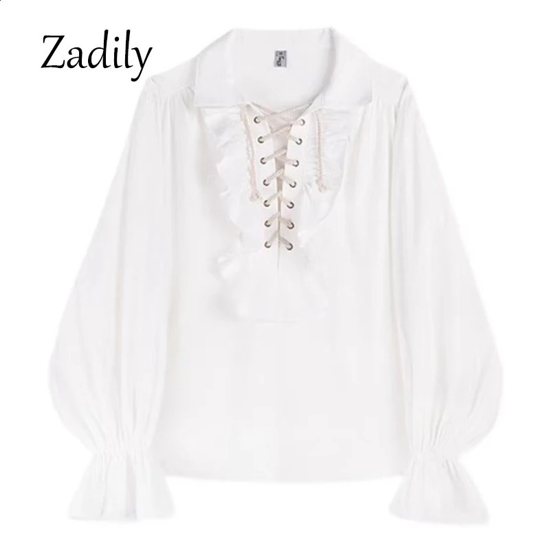 Womens Pirate Shirt Prince Poet Shirts Medieval Buccaneer Frills Lace Up Renaissance Vintage Gothic Blouse Tops 250210