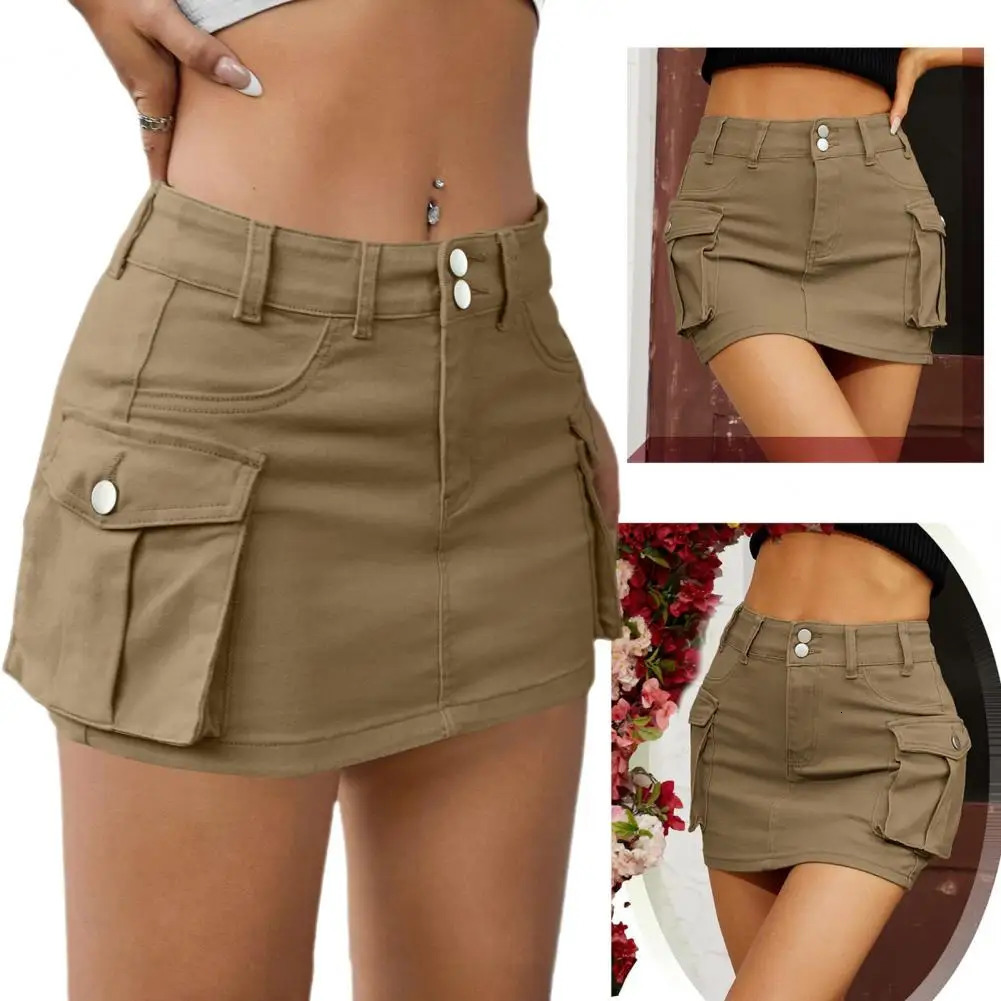 Denim Skirt with Pockets Stylish Womens Denim Cargo Skirt with Button Fly Pockets Low Waist Mini Jean Skirt for Streetwear 250227