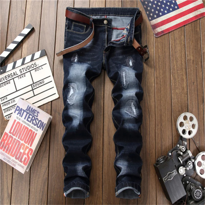 blue slim fit MENS jeans fashionable straight cut hole patch worn out casual versatile washed comfortable denim pants 250228
