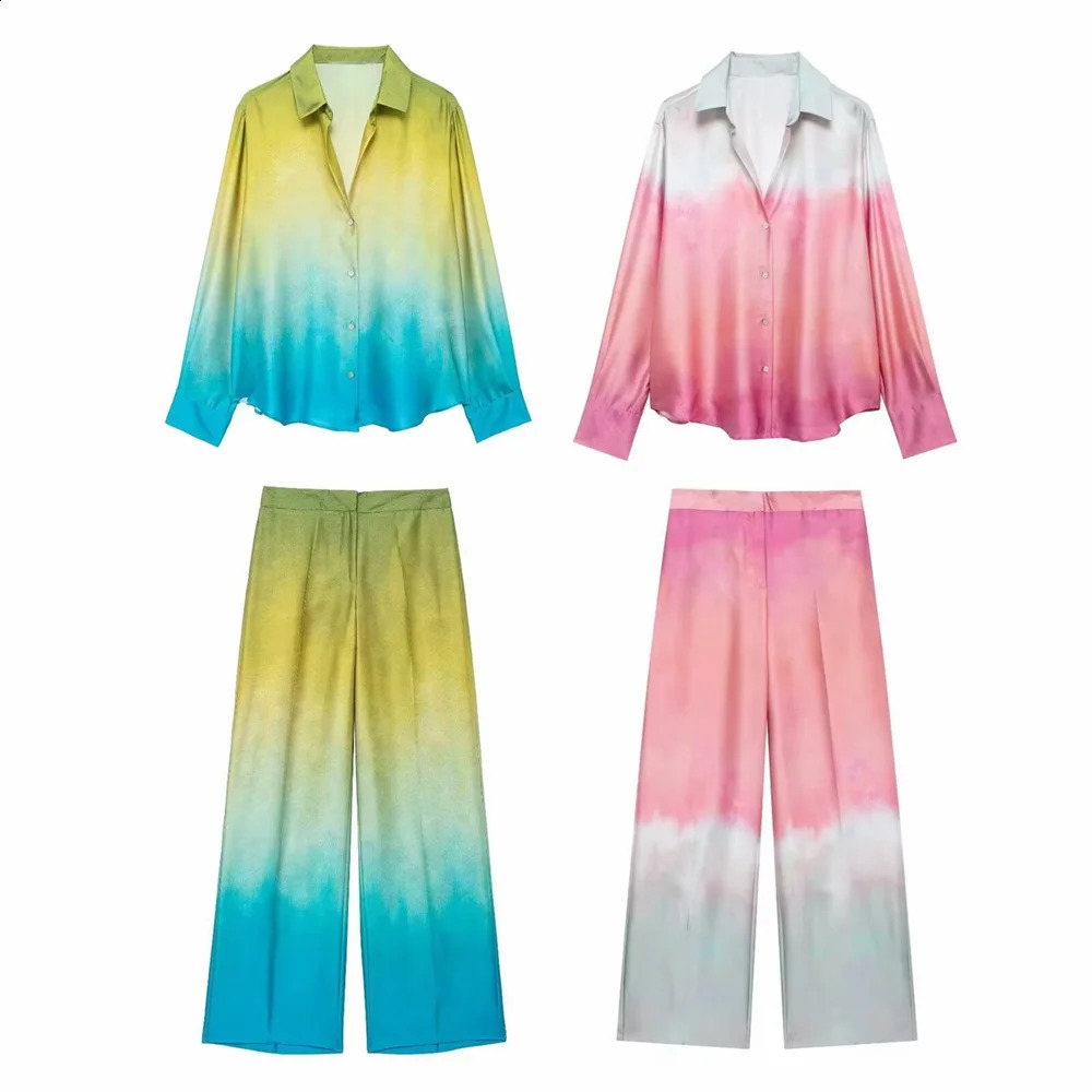 TRAF Autumn womens fashionable casual loose collar long sleeved tie dye printed shirt high waist wide leg pants set 250228