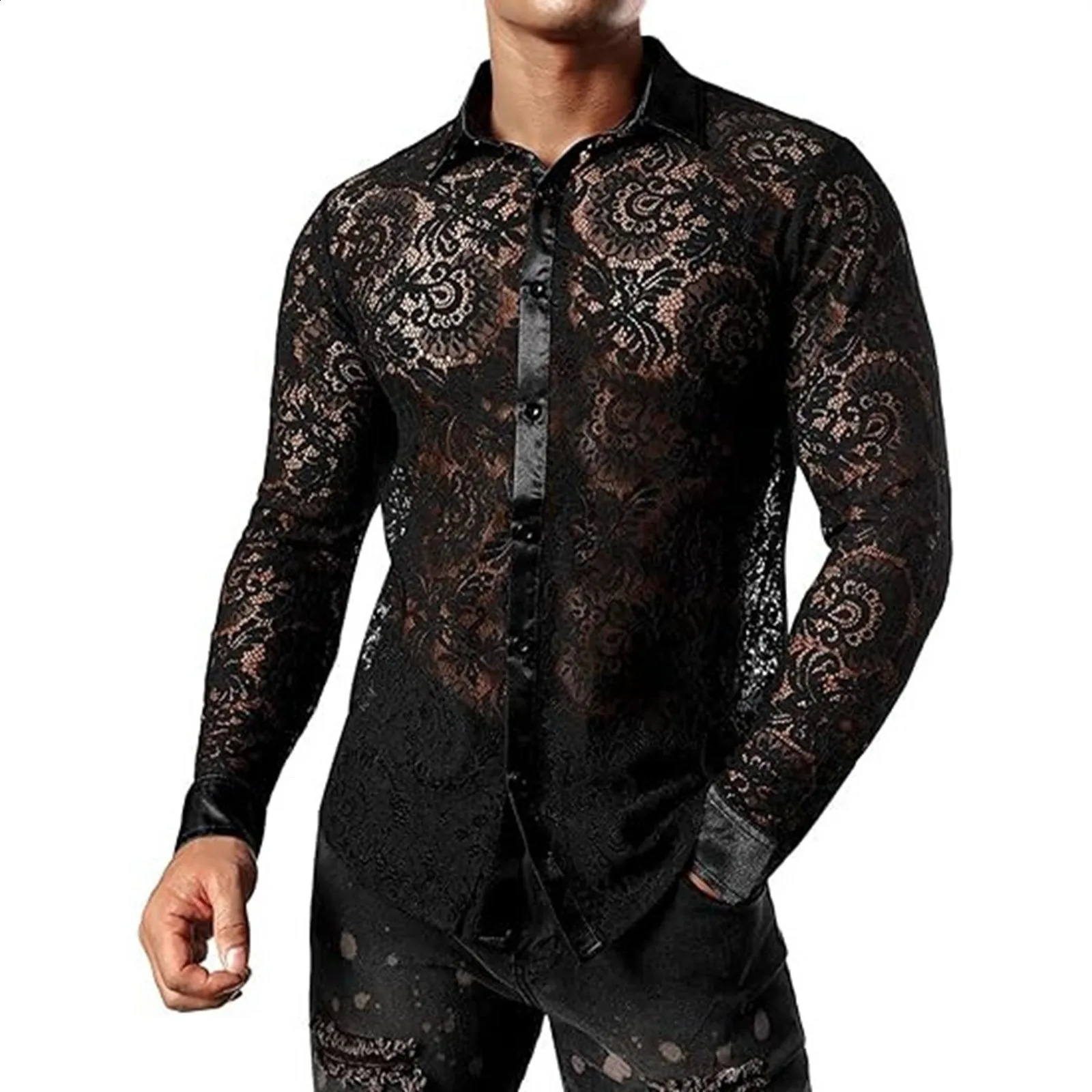 Mens Foreign Trade Lace Shirt Transparent Sexy Long Sleeve Shirt Fashionable Shirt Mens Short-Sleeved Shirt 250222