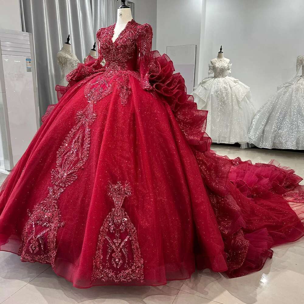 Red Dresses for Women, V-neck, Ruffles, Beaded, Sexy, Long Sleeve, Backless, Wedding Dress, XS105, 2024