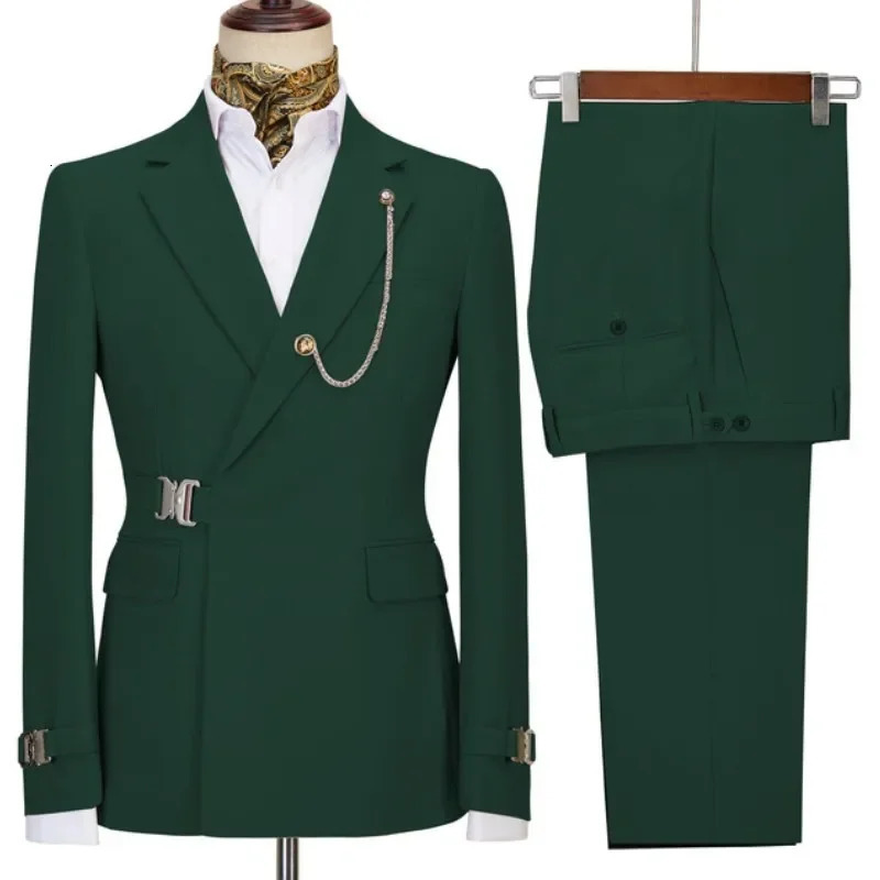 Green belt n double chest mens set 2piece jacket pants latest wedding Groom Prom tailcoat 250224Z