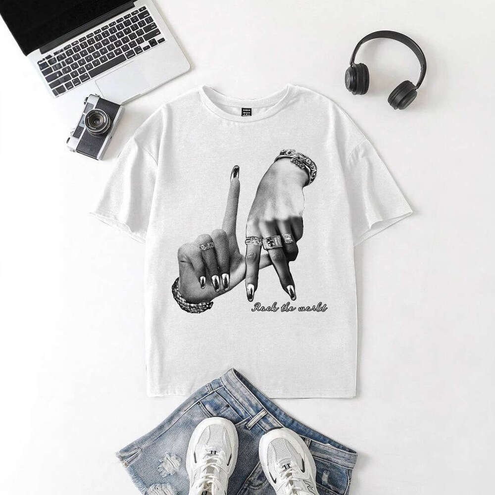 Casual minimalist Los Angeles gesture printed loose round neck short sleeved women's T-shirt suitable for autumn and summer