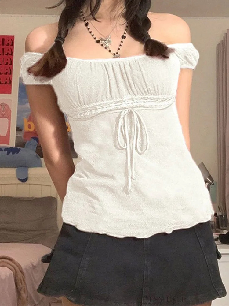 2000s Aesthetic Sweet Lace Top Off Shoulder Drawstring Tshirt Korean Fashion Female Tee Fairy Grunge Streetwear 250224