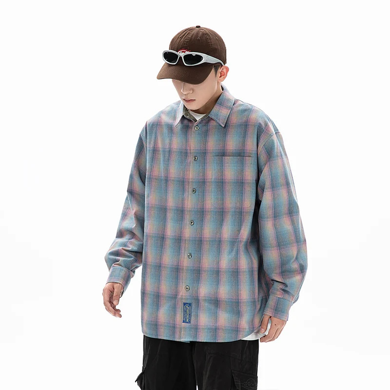 Spring long sleeved mens ultrafine fashion color checkered shirt street clothing Korean loose casual retro 250226