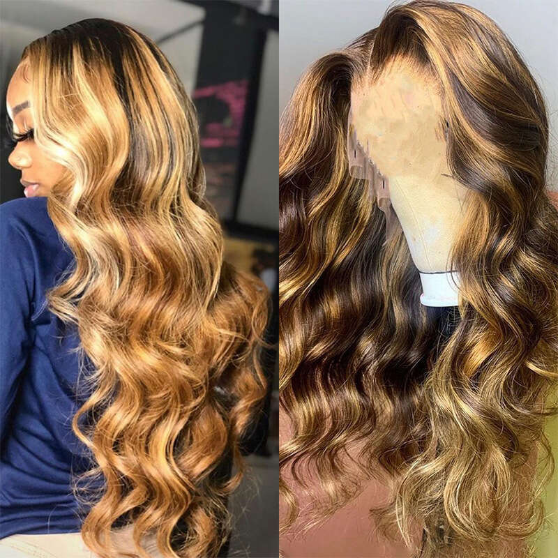 HD Front Lace Wig Real Front Headset Body Wave Human Hair Lace Wig Gradient Gold