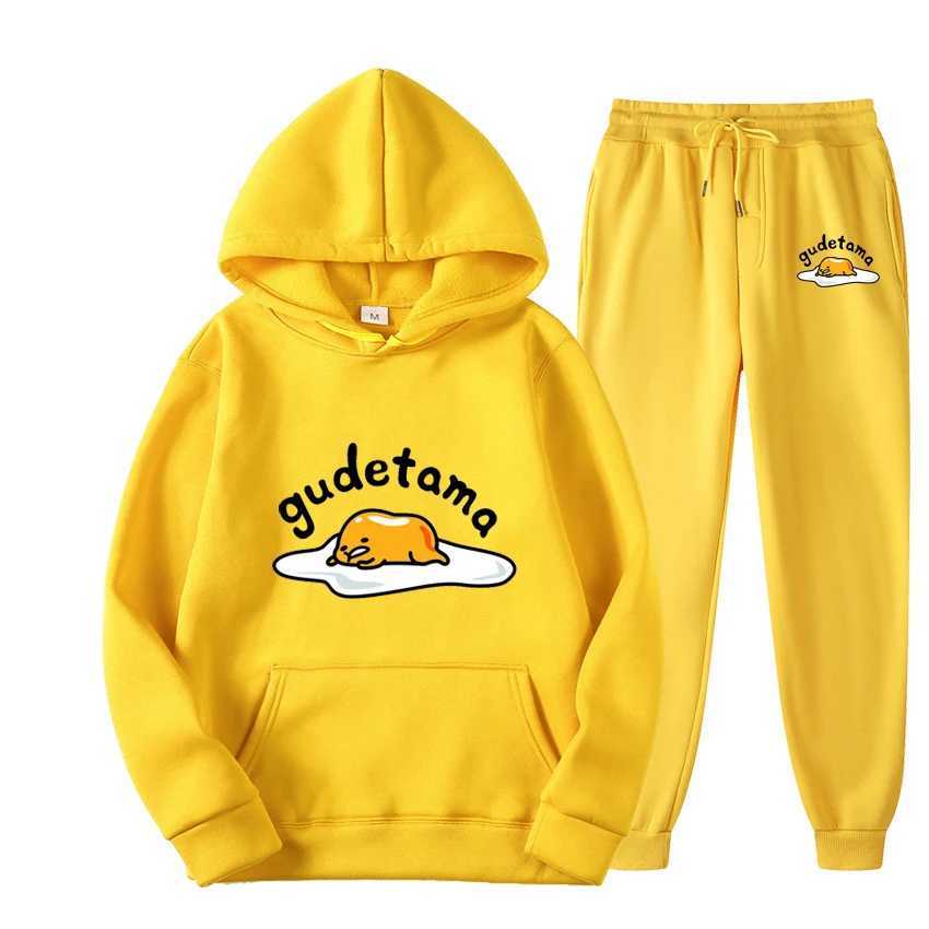 Gudetama Cartoon Anime Women Sweatshirt Sweatpants Set Fashion Men Pullover Pants Suit Spring Autumn Couple Hoodie Pant Sets X250228
