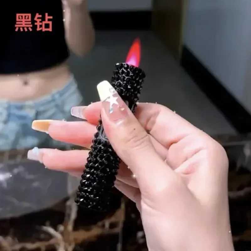 Rhinestone Torch Lighter for Ladies Mini Portable Cigarette Lighter Windproof Pink Flame Smoking Accessories Butane Lighter Y250228