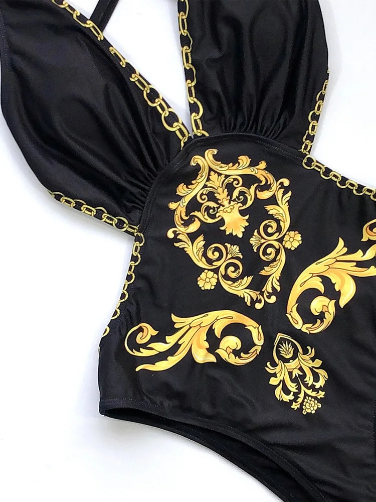 Vigoashely Sexy Black Print Swimwear Women Vintage One Piece Swimsuit Female 2025 Bandage Monokini Deep V Bathing Suit Swim Wear 250227