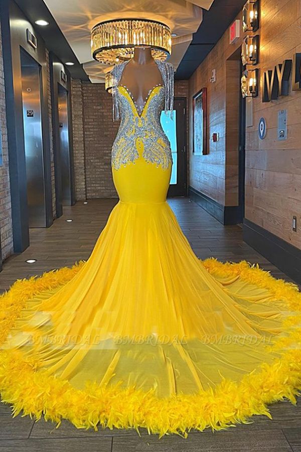 Yellow Long Prom Dresses Black Girls Luxury Rhinestones Sliver Beads With Feather Birthday Party Gala Dress Evening Gowns BC15455