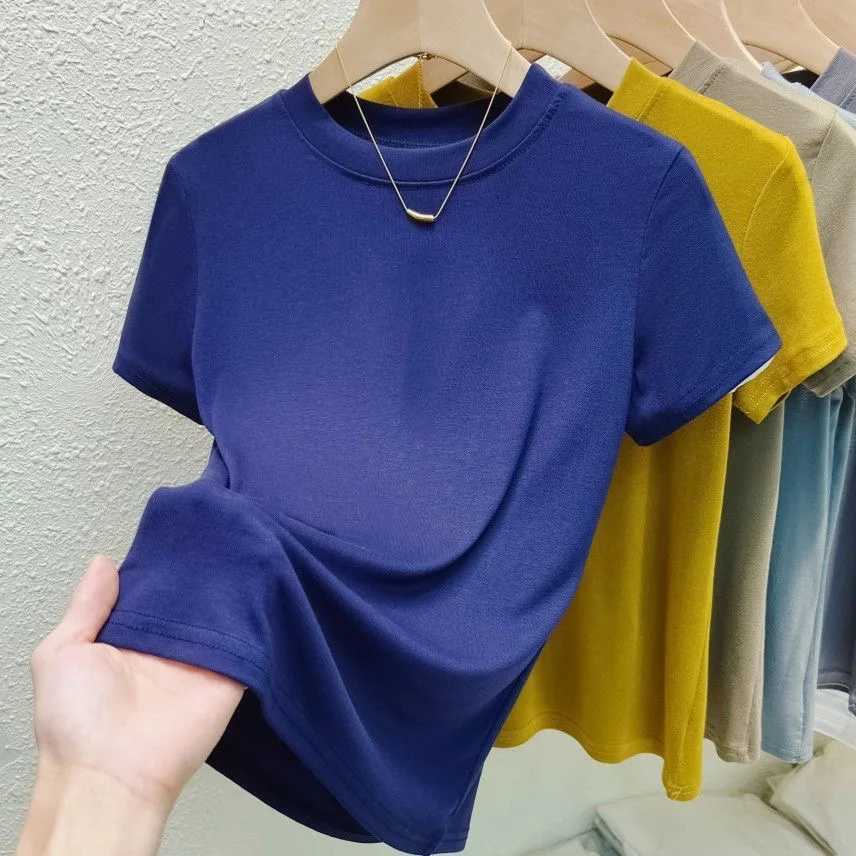 Womens Elastic Crew Neck T-Shirt Solid Ribbed Tops Pink Short Sleeve Tight Bottom Basic Shirt Casual Sexy Slim Summer Tops TeeT250228