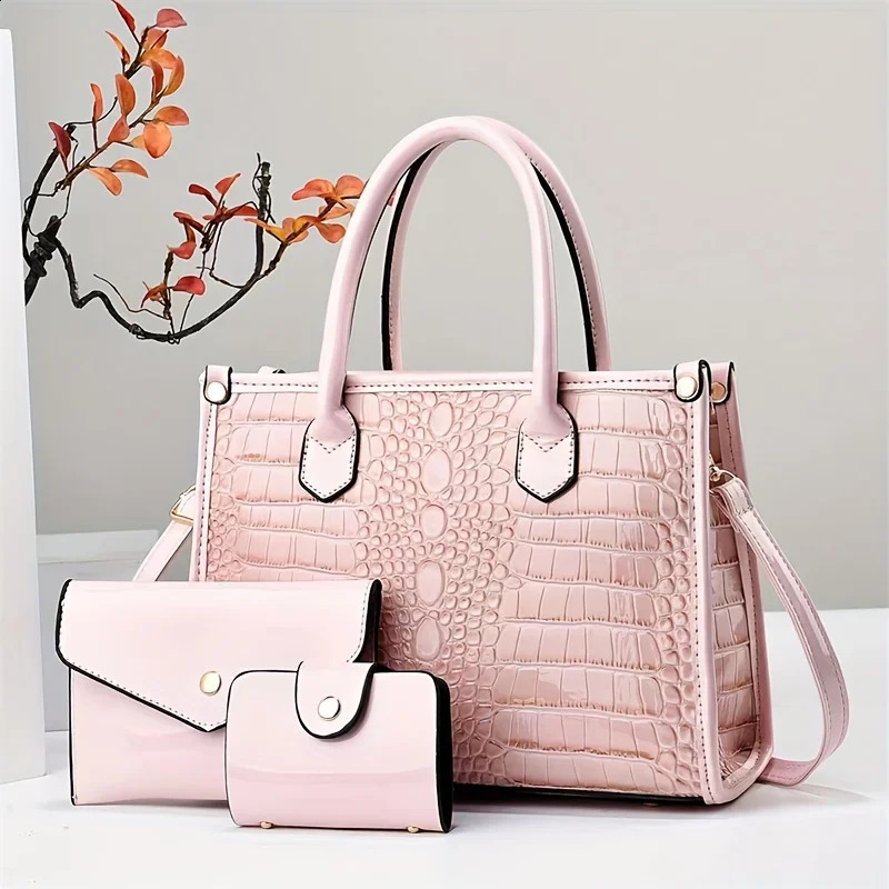 Ship from US 3pcs e Pattern Womens Purse Set Stylish Top Handle Tote Bag Chic Crossbody Handbag Compact Clutch and Credit Ca 250227FBB