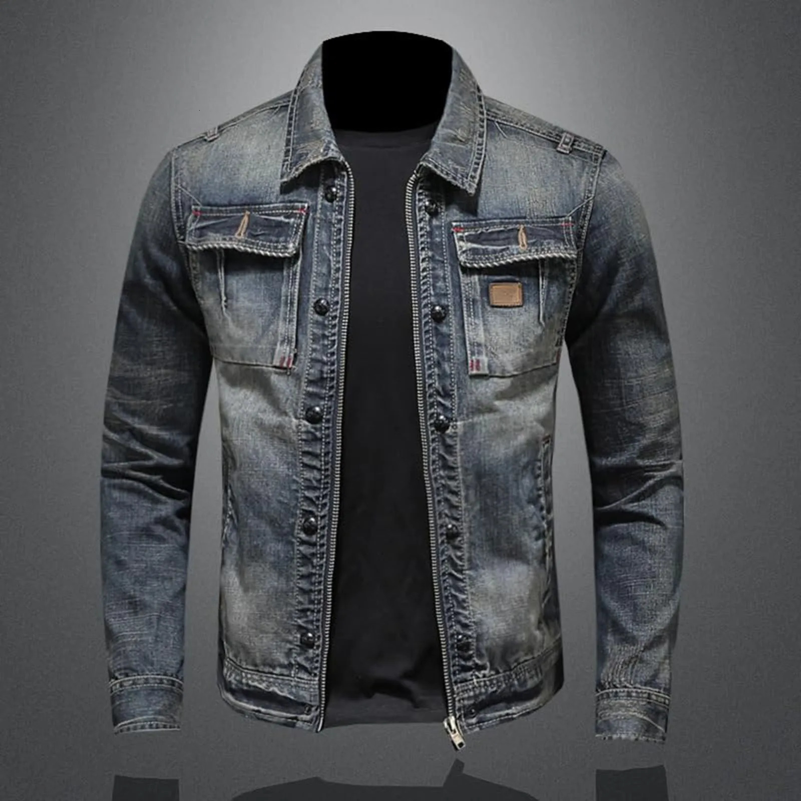 Retro denim jacket with zipper standing cotton slim fit denim jacket denim jacket classic hip-hop college jacket winter jacket 250225