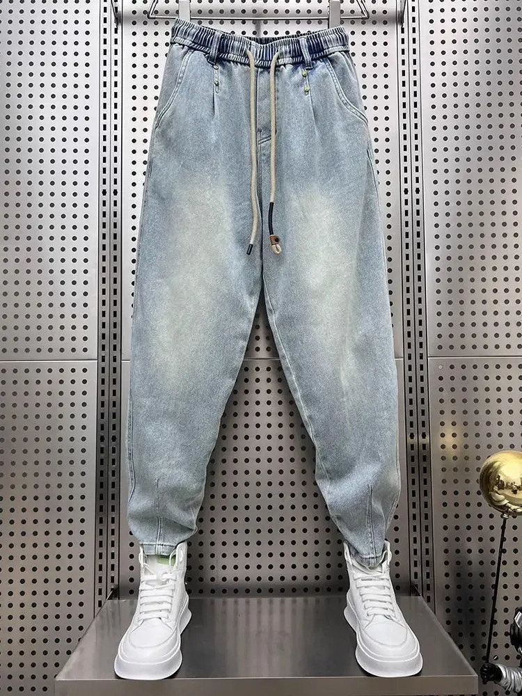 Vintage Distressed Washed Blue Jeans Men Casual Loose Harem Jogger Pants Carrot Tapered Leg Spring Autumn Retro Fashion 250228Z