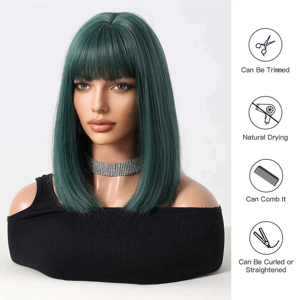 HENRY MARGU Dark Bob Synthetic Wigs Short Straight Wig Green Hair With Bangs For Women Party Cosplay Use Heat Resistant