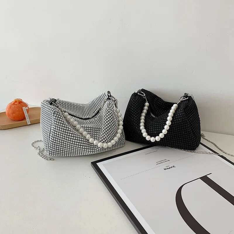 French Girl Evening Fashion Ladies Crossbody Crushed Dias Chain Women's Bag Pearl Shoulder Strap