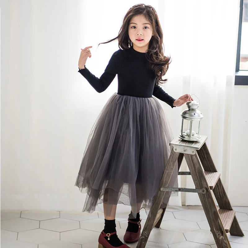 3-12 Years Spring Autumn Girls Dress Korean Mesh Fashon Long Sleeve Little Princess Dress Party Birthday Gifts Kids Clothes 250227