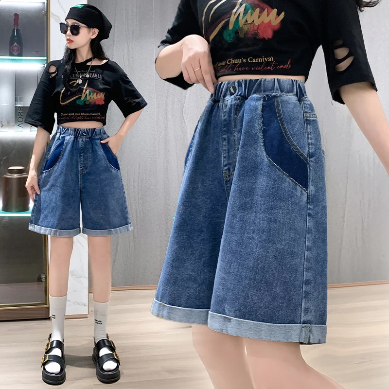 Plus Size Denim Short Jean Shorts For Women Summer 2024 Half Length Crimping Streetwear Blue Female 250228Z