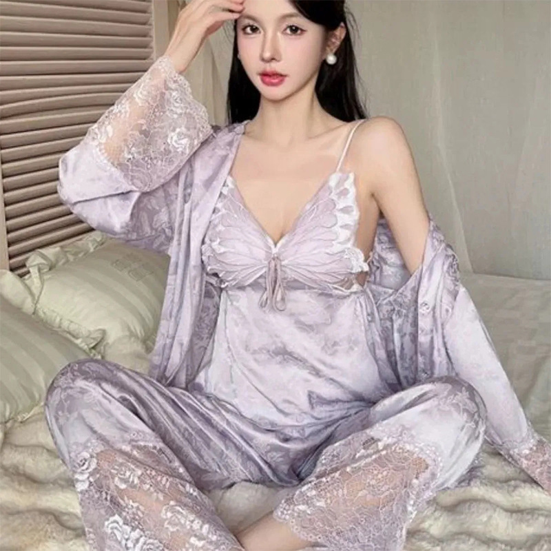 D99 Ice Snow Silk Sexy Spring Lace Pajamas Long Sleeve Spring and Autumn Suspenders Home Clothes