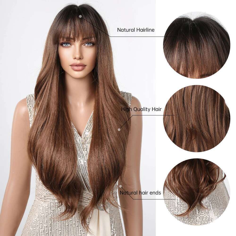 Ombre Honey Brown Synthetic Hair Wigs Long Natural Body Wavy With Bangs Realistic Daily Party Soft Wig Heat Resistant Fiber