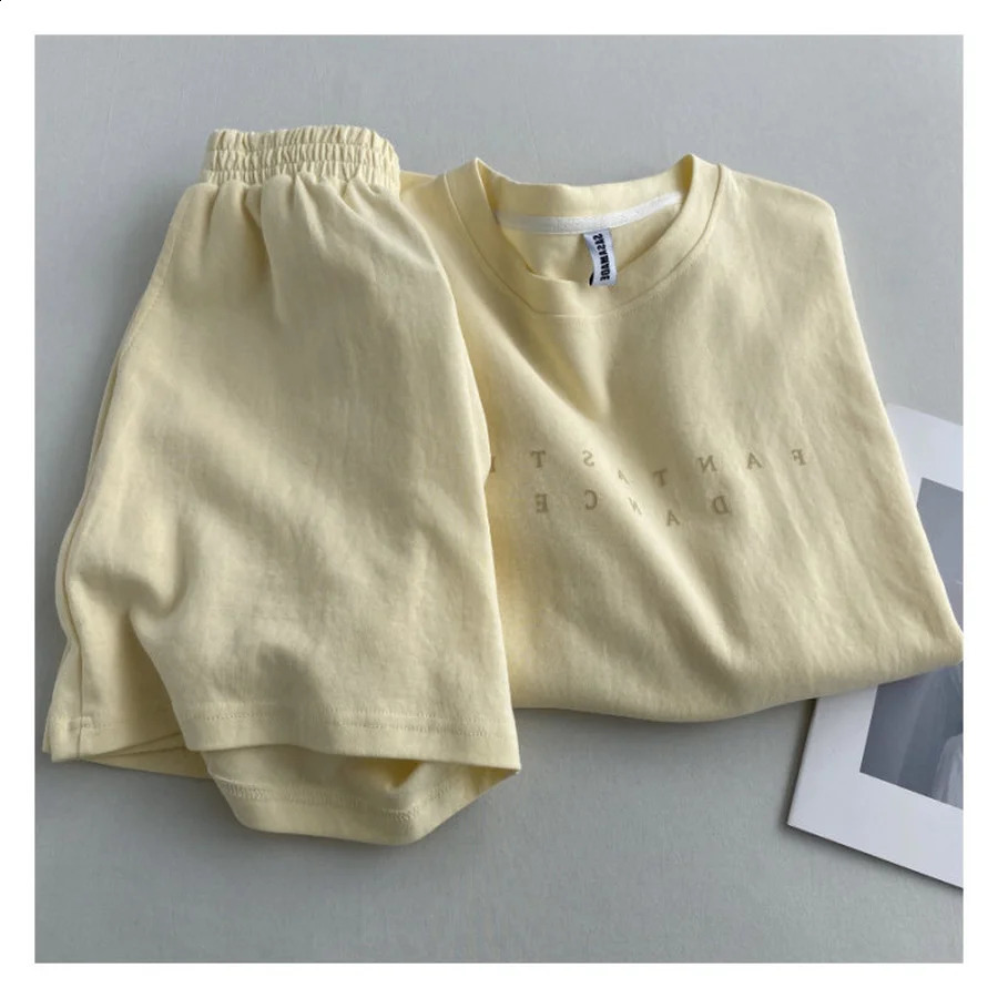 Shorts set summer cotton womens casual twopiece short sleeved Tshirt and high waisted shorts solid dress 250228