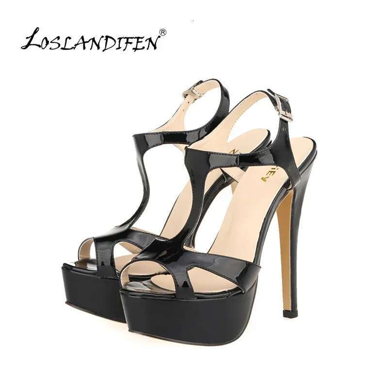 Cross-dresser Unisex Men's Pumps Stilettos 14cm Sexy T-Strap Peep Toe Platform Nightclub Style Shoes Patent Leather High Heels