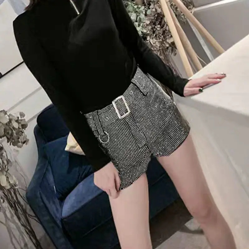 Shorts Women Wide Leg Shorts High Waist Sexy Fashion Elastic Waist Diamond Casual Pants Female Belt Shorts Jeans Q780 250227