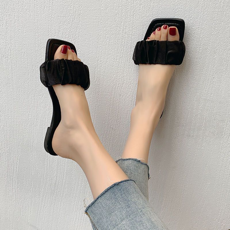 Slippers Women's Summer Outer Wear 2025 New Fashion All-match Square Head Flat Bottom Pleated One-word Drag French Sandals And Slippers