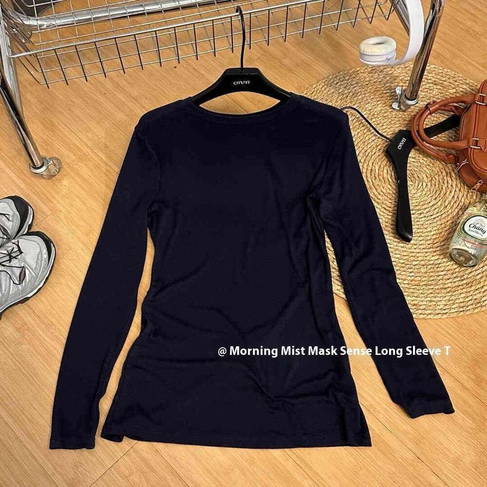 Early Autumn New Style Tiansi Navy Blue Facial Mask Feeg Long Sleeved Base Coat For Women Slim Top Lazy